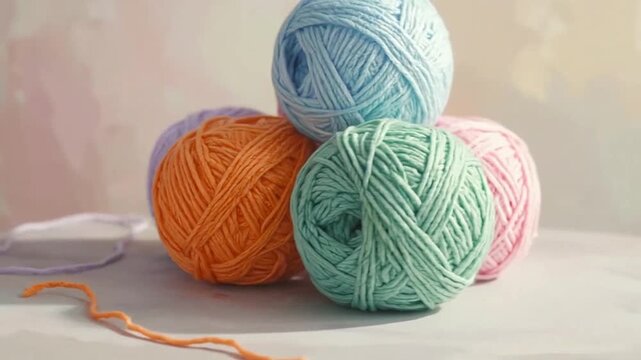 Colorful balls of yarn in various pastel colors are arranged on a neutral surface for crafting