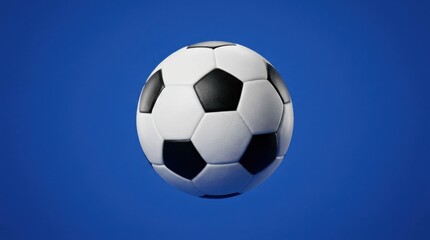 Naklejka premium Black-and-white soccer ball rotating against a clean blue background, crisp studio lighting, smooth motion-ready minimal sports scene, ultra-realistic, no logos.