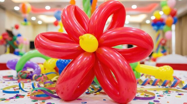 A balloon-art style red flower with inflated petals, glossy curved surface and playful sculptural charm in a vivid celebratory composition, ultra-realistic, no logos.