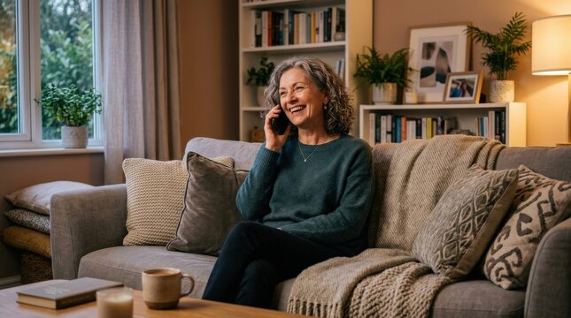 A happy mature woman engaged in a phone call on the sofa in her living room, relaxed posture, soft d&eacute;cor and warm ambient light, cheerful home comfort, ultra-realistic, no logos.