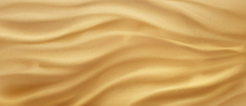 Sandy beach or desert pattern with natural sand texture, top view realistic vector background. Seaside wavy ground surface for summer design. Summer shore dunes with particle, ocean bottom
