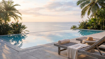 Fototapeta premium Serene swimming pool area with wooden sun lounger, straw hat and towel, peaceful morning atmosphere.