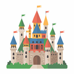 Fototapeta premium Colorful cartoon medieval fantasy castle illustration with towers and 