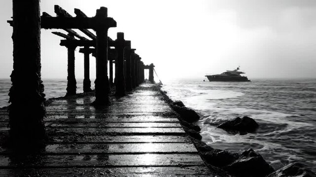 Black and white shot of a weathered wooden pier leading to the ocean with a yacht in the distance on a foggy day