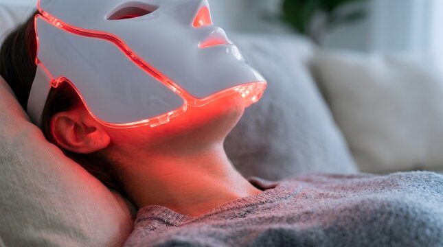 Futuristic profile view of a high-tech white matte LED facial mask emitting an intense red glow through light-diffusing crevices while a person reclines on a soft pillow for advanced skincare.