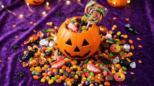 A Halloween candy assortment with colorful sweets, lollipop, jelly beans, gummy teeth and a pumpkin bucket on a vibrant purple background, playful spooky celebration, ultra-realistic, no logos.