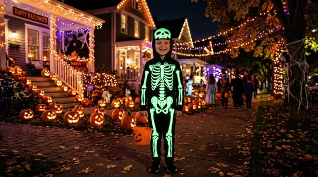 A smiling boy in a glowing skeleton costume standing outdoors on a decorated Halloween street, pumpkins and festive lights surrounding him in a magical night scene, ultra-realistic, no logos.