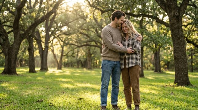 Two people hugging lovingly in a green park, soft sunlight through trees, relaxed body language and warm affectionate atmosphere, ultra-realistic, no logos.