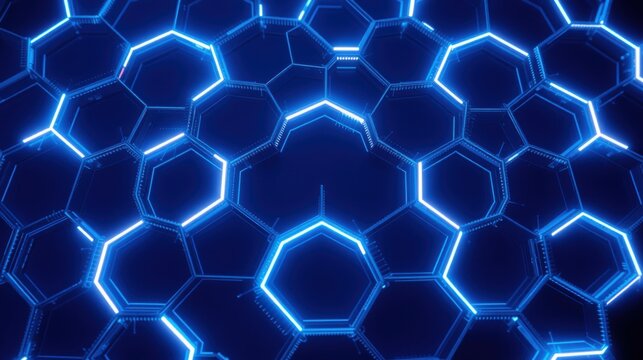 Hexagonal grid glows brightly. Blue neon lines form complex network. Dark background emphasizes futuristic design. Abstract digital pattern.