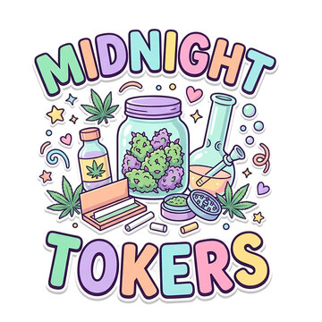 Midnight tokers pastel aesthetic cannabis illustration with bong jar and rolling papers for stoner lifestyle