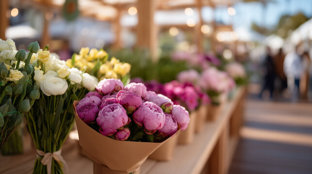 Spring flower market stall covered in bundles of peonies, ranunculus, and sweet peas under harsh midday sun, a florist wrapping a Mother's Day bouquet in kraft paper and ribbon, customers browsing i
