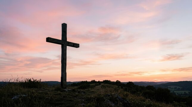 A wooden Christian cross silhouette against a soft pastel sunset sky, minimal composition, gentle clouds and peaceful sacred stillness with copy space, ultra-realistic, no logos.