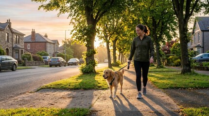 Naklejka premium A woman walking her dog early in the morning along a quiet urban sidewalk, warm sunrise light casting long shadows, green trees and calm streets creating a peaceful daily routine with fresh dawn