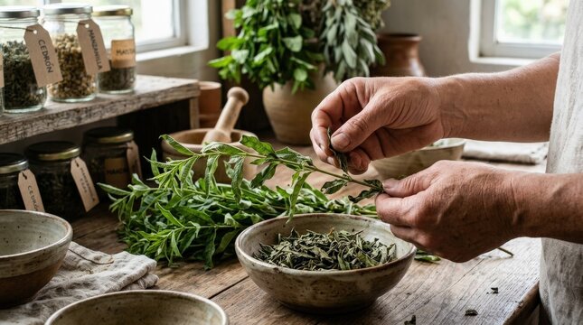 Hands carefully removing dried leaves from aromatic cedron herb stems, natural textures and earthy green tones visible in detail, traditional herbal tea preparation and medicinal remedy process in