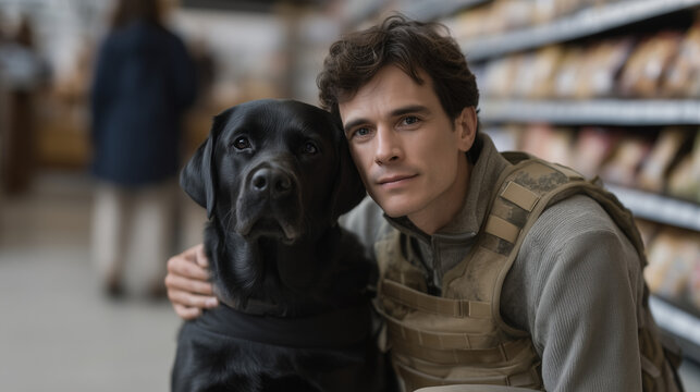 Black Labrador wearing vest pressing body firmly against hyperventilating veteran in grocery store aisle, man crouching against cereal shelves, dog maintaining contact, other shoppers visible at dis