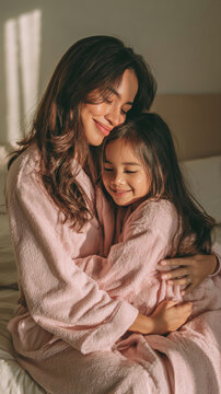Middle Eastern mother embraces daughter in light-filled room during family time in morning