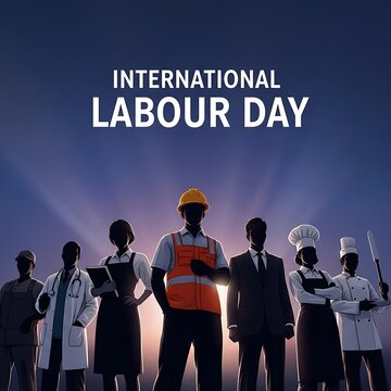 Celebrating international labour day with diverse workers and modern cityscape