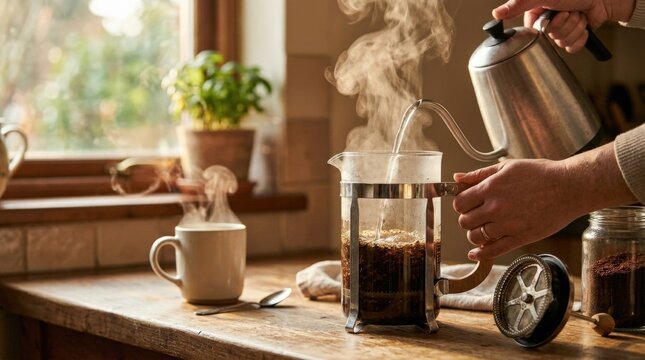 A French press coffee brewing process with hot water pouring, grounds swirling and the plunger descending, rich steam and warm kitchen light capturing a homemade morning ritual, ultra-realistic, no