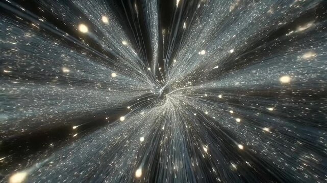 Abstract cosmic journey through a boundless universe, depicting warp speed travel amidst countless stars and galaxies, a dazzling light trail in deep space