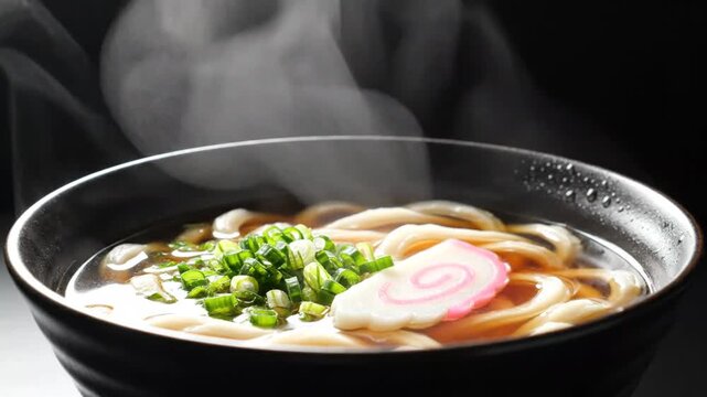 Steaming Bowl of Traditional Japanese Ramen with Green Onions and Fish Cake