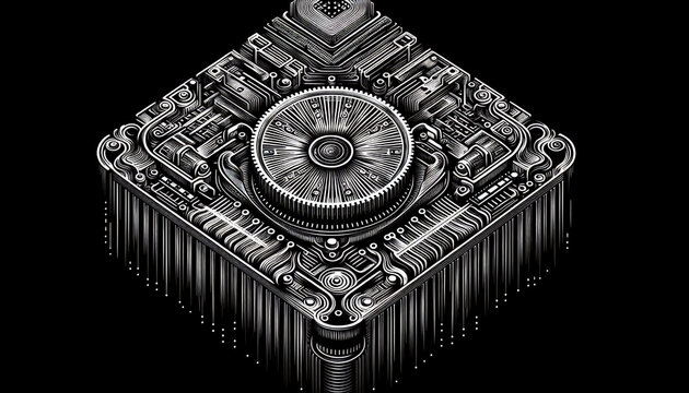 High contrast white engraved line art of mechanical clockwork processor.