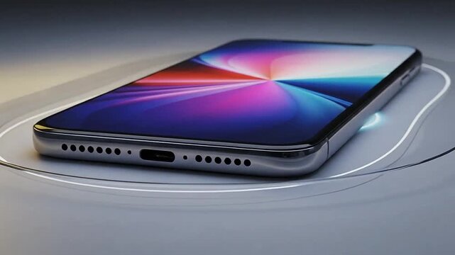 A modern, sleek and stylish handheld communication device on a wireless charging pad