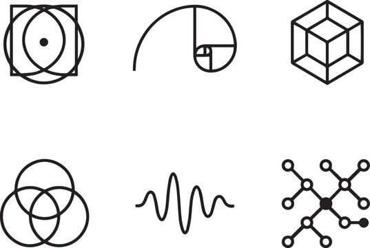 Mathematical geometry and physics wave icons set including golden ratio and network nodes.