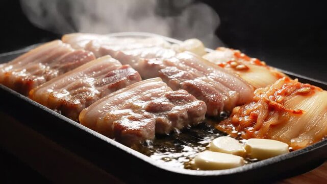 Juicy marinated beef fillet sizzling on a hot grill with fresh vegetables and garlic