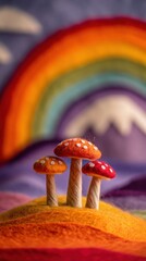 Naklejka premium Three felted mushrooms stand on a woolly hill. A soft rainbow and mountain blur in the background. This creates a cozy fantasy scene. Perfect for nursery decor or craft inspiration.