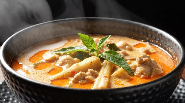 Assorted bowls of steaming hot spicy thai curry with fresh herbs and crispy breadsticks