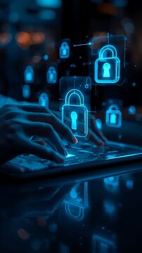 Generative Ai depicting digital security with interconnected padlocks in a futuristic setting