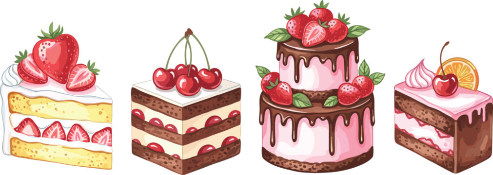 Delicious Cartoon Cake Set with Strawberry, Cherry, and Chocolate Layered Cakes for Dessert, Bakery, and Sweet Treats Illustrations