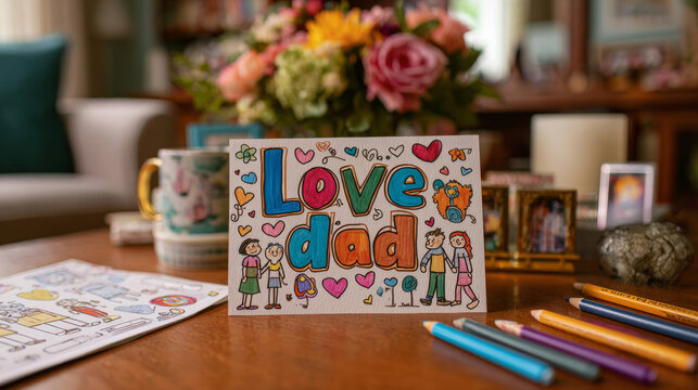 A hand-drawn postcard sits on a table with colorful drawings. Family members gather around during a Father's Day event. The scene is filled with art supplies and flowers.