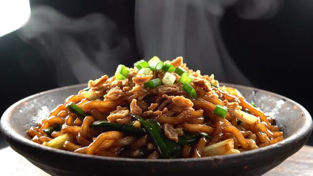 Steaming hot bowl of savory stir-fried noodles garnished with green onions and fragrant steam rising in a cinematic sequence