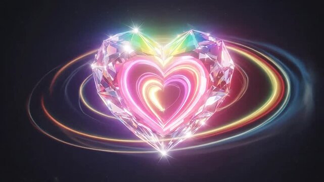A glowing, colorful heart-shaped gemstone with a radiant, swirling light effect on a dark background