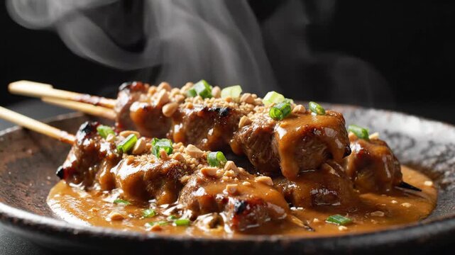 Close-up of sizzling skewered beef satay served with savory peanut sauce and garnished with green onions on a dark plate