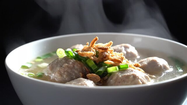 Steaming bowl of traditional Asian meatball soup garnished with herbs and crispy toppings