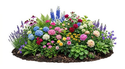 Naklejka premium A decorative flowerbed with mixed plants and blossoms, isolated on white and transparent background, balanced composition, vivid petals, layered greenery, natural textures, soft daylight, fresh garden