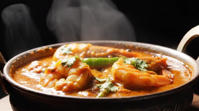 Steaming hot bowl of flavorful shrimp curry garnished with cilantro in an elegant black pot