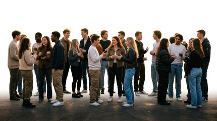 Obraz premium A large backlit group of young people standing and talking, isolated on white background, fashionable casual clothing, glowing edges, natural social spacing, warm evening sunlight, vibrant communal