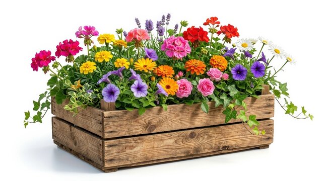 A wooden crate overflowing with colorful blooming flowers, isolated on white and transparent background, vivid petals, rustic wood grain, layered foliage, bright daylight, fresh charming garden mood,