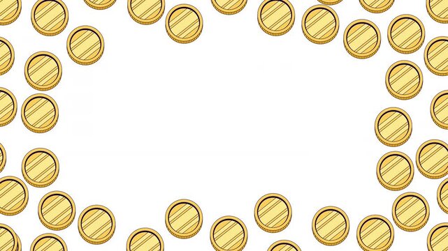 Shiny coins animated frame overlay. Money finance. Decorative border template animation on transparent background. Horizontal 4K video with copy space. Seamless motion graphics with alpha channel