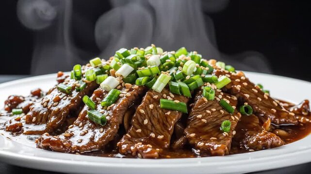 Steaming hot, savory beef dish garnished with fresh chives served on a white plate