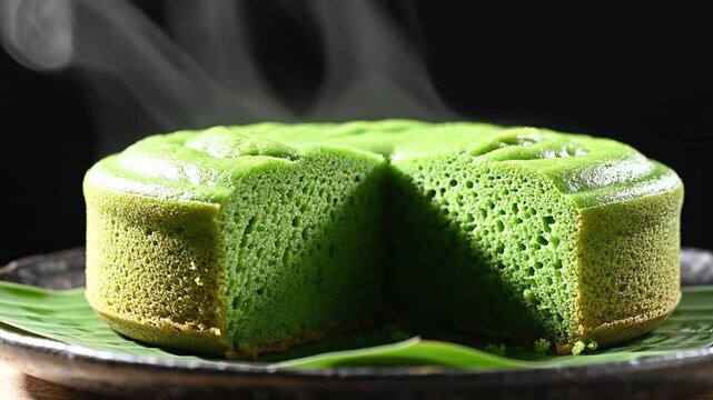 Series of steaming green sponge cake slices on a dark reflective surface highlighting texture and aroma