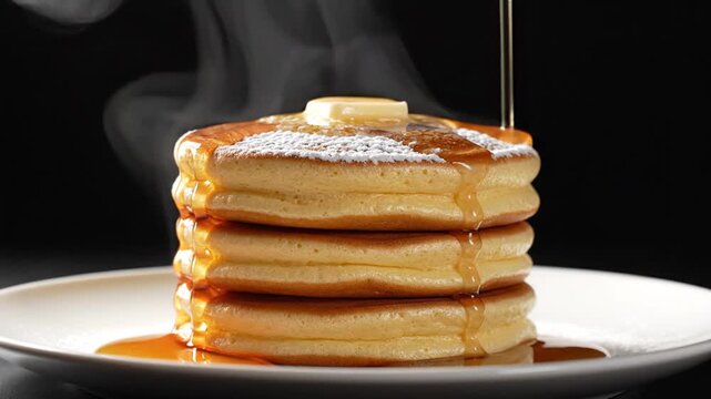Sequential process of stacking pancakes with syrup being poured over them capturing steam and glossy texture