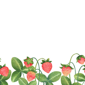 Seamless border with cute strawberry in a kids cartoon style. Hand-drawn watercolor illustration isolated on a white background. Perfect for posters, cards, invitations, packaging, textile, polygraph
