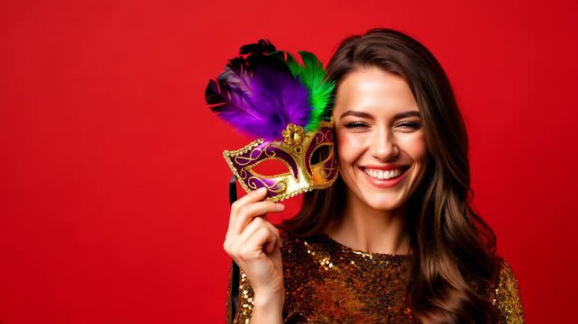 Laughing woman in gold sequin dress holding venetian carnival mask on red background