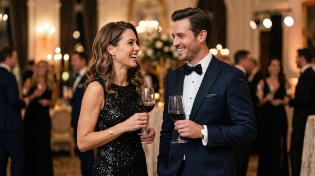 Elegant man and woman at a social event holding wine glasses, smiling and talking, polished attire and refined celebration mood, isolated clean styling, ultra-realistic, no logos.