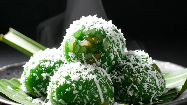 Close-up of vibrant green traditional Indonesian klepon rice cake balls topped with grated coconut for festive celebrations