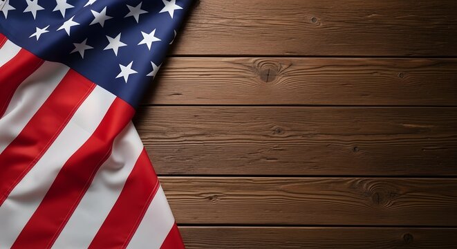 American flag on a rustic wooden background with copy space